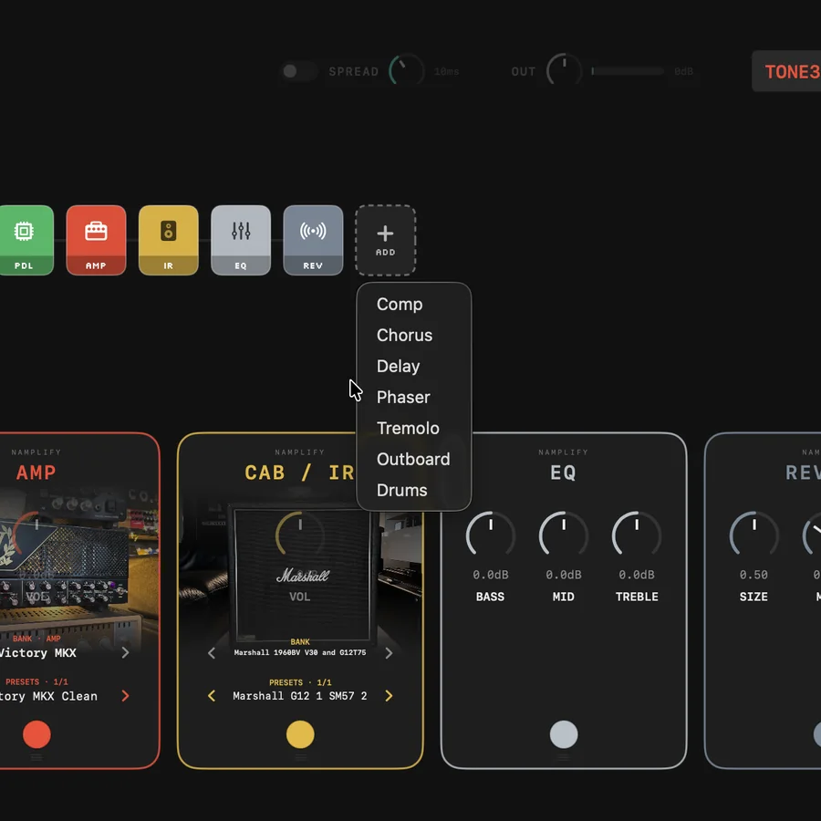 The + tile opens a menu to add comp, chorus, delay, phaser, tremolo, outboard or drums to the board