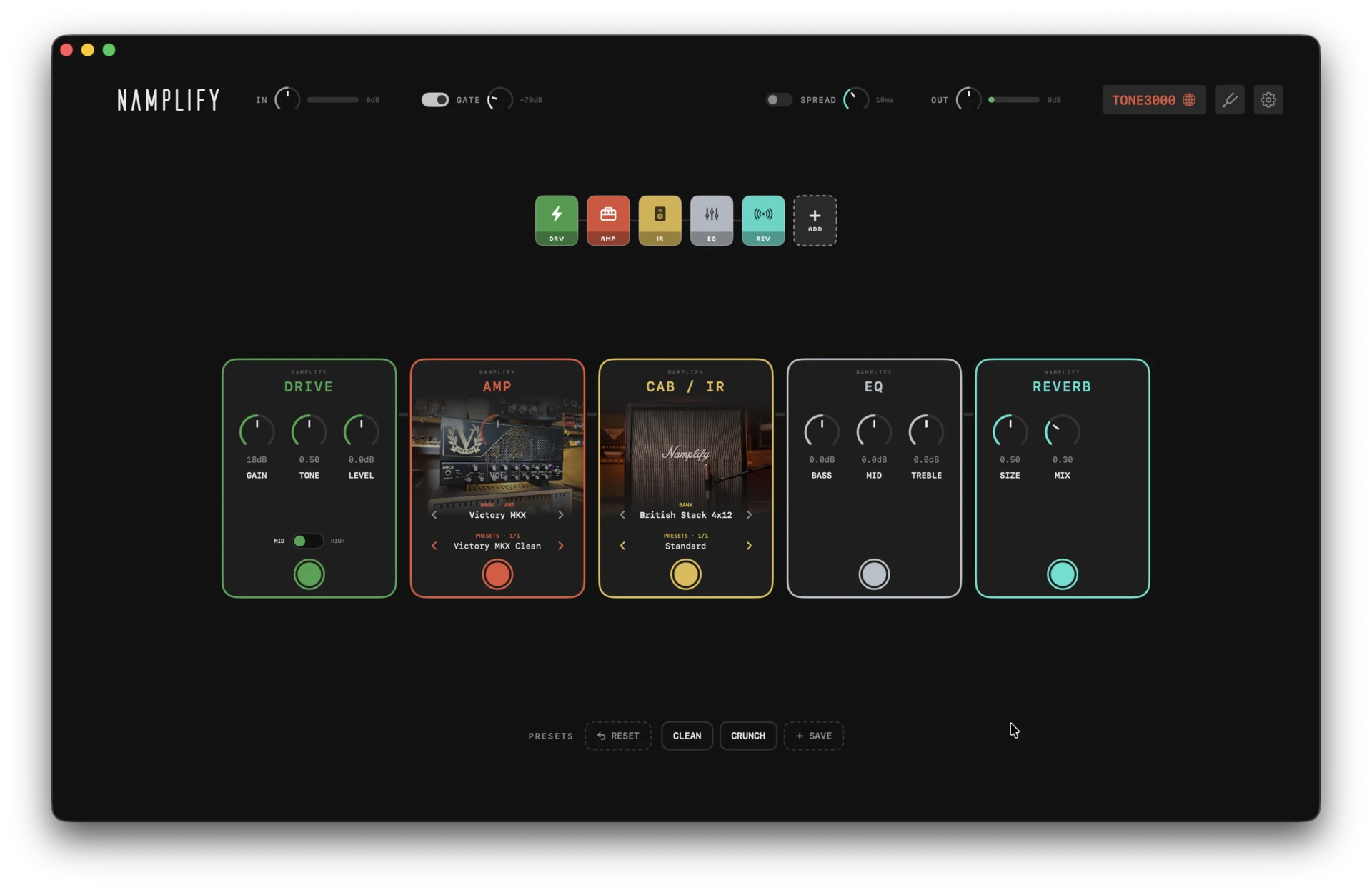 NAMplify app window: top bar with input, gate, stereo spread, output and tuner — below it the pedalboard with drive, a Tube Screamer pedal capture, NAM amp with Victory rig, Marshall cab/IR, EQ and tremolo as stompboxes
