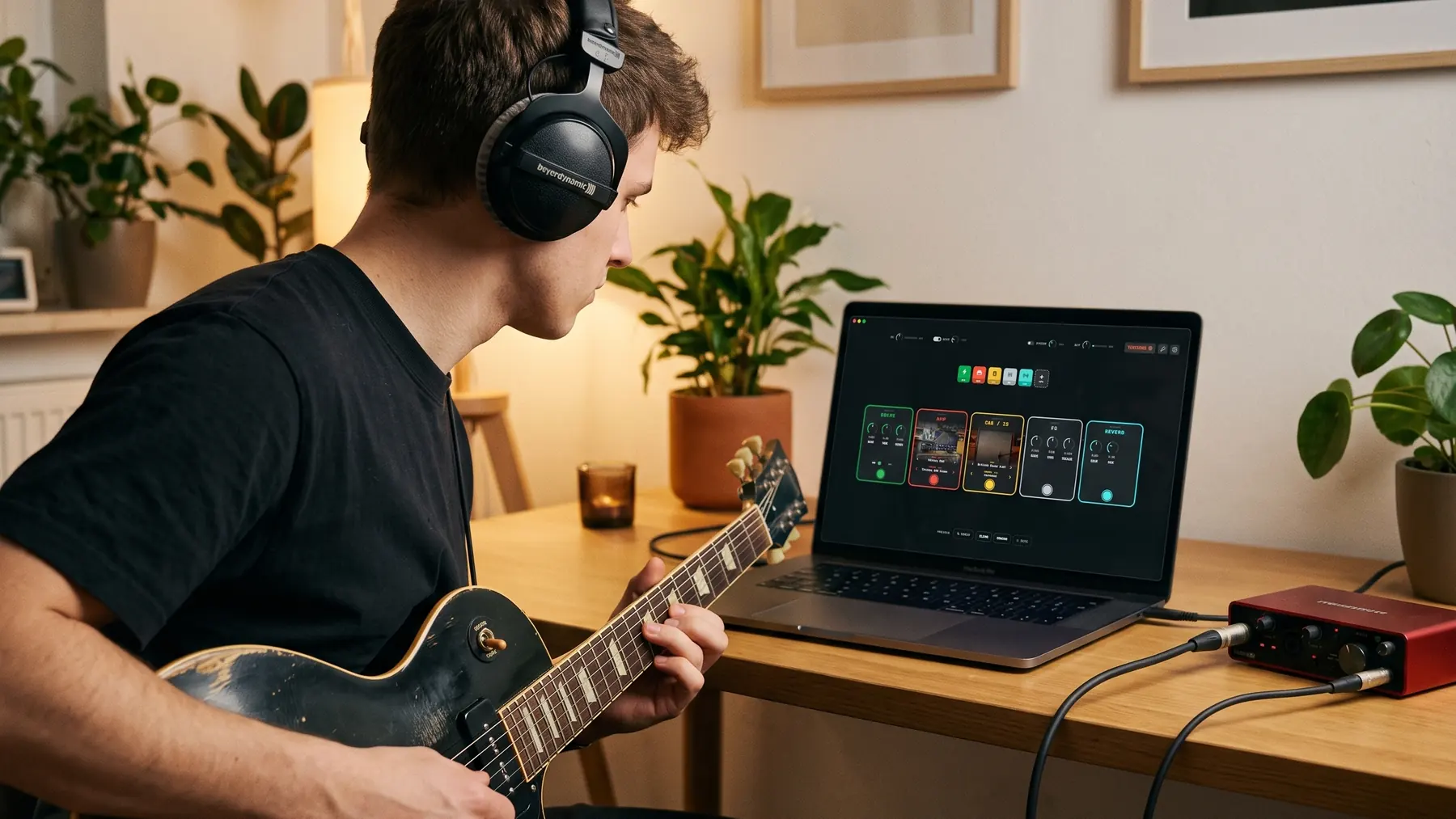 Guitarist playing an electric guitar at a desk, NAMplify's pedalboard open on a MacBook, guitar plugged into a red USB audio interface