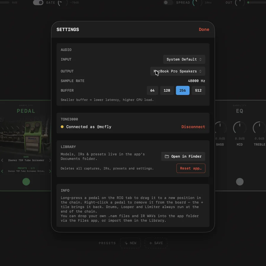 Settings panel with audio device, buffer size and TONE3000 account