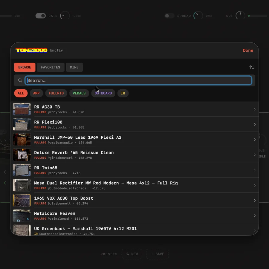 TONE3000 browser inside NAMplify listing amp captures, full rigs, pedals and IRs